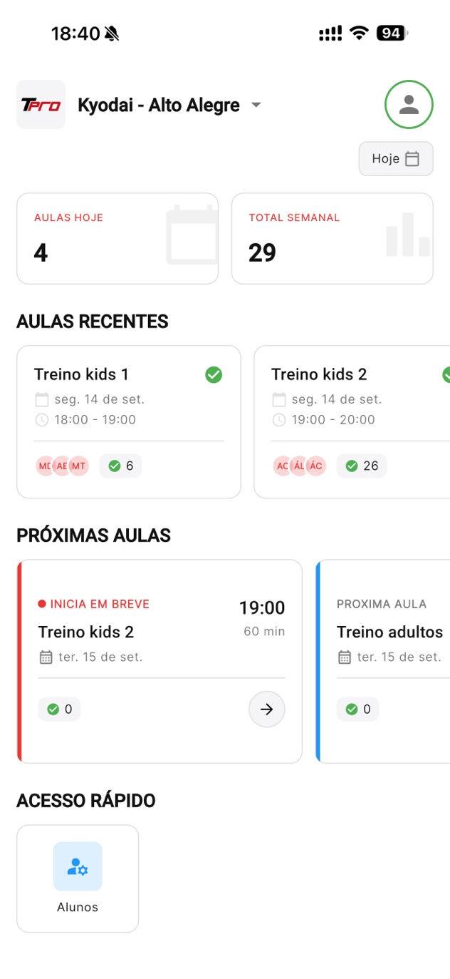 Painel inicial do app do professor no Tatame PRO, com aulas do dia, aulas recentes e próximas aulas